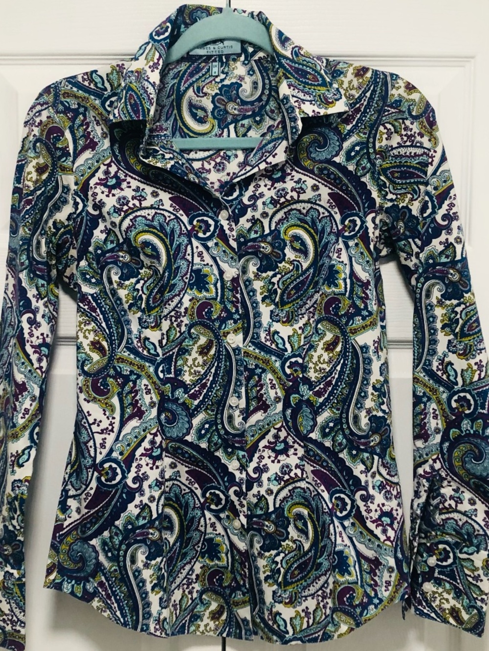Hawes & Curtis Fitted Paisley Shirt UK8 Multicolor Boho Retro Button Dress Shirt